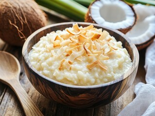 Creamy coconut rice pudding topped with toasted coconut flakes in bowl  