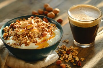 Creamy yogurt bowl topped with granola and nuts beside coffee cup  