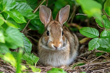 Fototapeta premium A wild rabbit sits in a shallow nest amongst green leaves, looking directly at the viewer, with alert ears perked up.