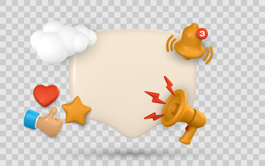 Social Media Elements With Notification, Like, Heart, Star, and Megaphone Icons Around Blank Text Bubble. 3D Rendered UI Concept Isolated on Transparent Background. Vector Illustration