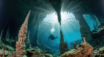 Underwater Cave Scene Featuring Diver Exploring Bright Sunlit Subterranean Environment