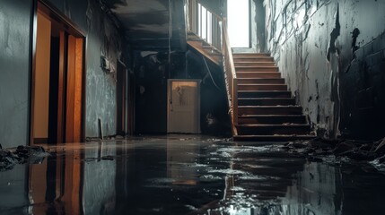 Damaged basement after fire and flood