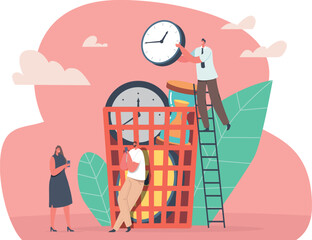 Businesspeople throwing clock in trashcan