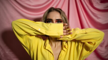 Young caucasian female with bold eye makeup peeking over yellow shirt against pink drape