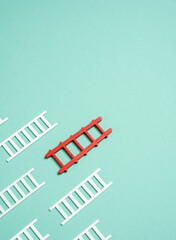 The red staircase is ahead of all the white ones. Race for leadership. Career growth, strategic advantage, or success in business, innovation, or financial markets.