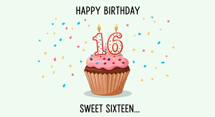 Sweet Sixteen Birthday Cupcake with Lit Candles and Confetti