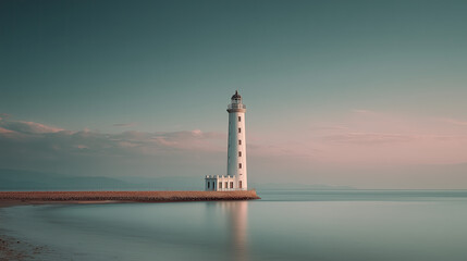 Naklejka premium Wide‑Angle Lighthouse on Calm Sea with Pastel Sky and Negative Space