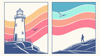 Coastal Lighthouse Sunset Retro Illustration Prints, featuring calming ocean views and scenic coastal landscapes