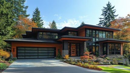Obraz premium Modern home with dark exterior, autumn foliage