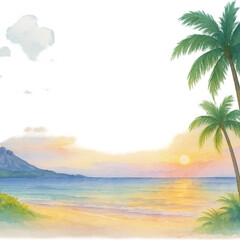 糸島の海岸とヤシの木、サンセットが彩るリゾート系夏のフレーム（中央余白・透過PNG）