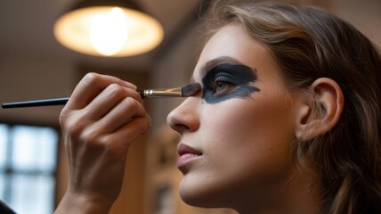 Female caucasian young applying dramatic eye makeup in studio setting