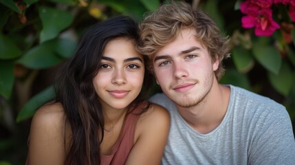 Fototapeta premium Diverse Couple Portrait Smiling Outdoors among Greenery and Flowers. Natural Light and Authentic.