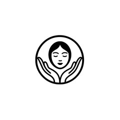 Fototapeta premium Vector icon of girl head above open hands symbolizing care and protection 