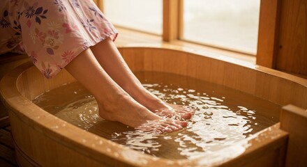 Woman soaking feet in wooden basin at spa