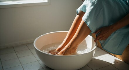 Woman in blue dress soaking feet in bright bathroom