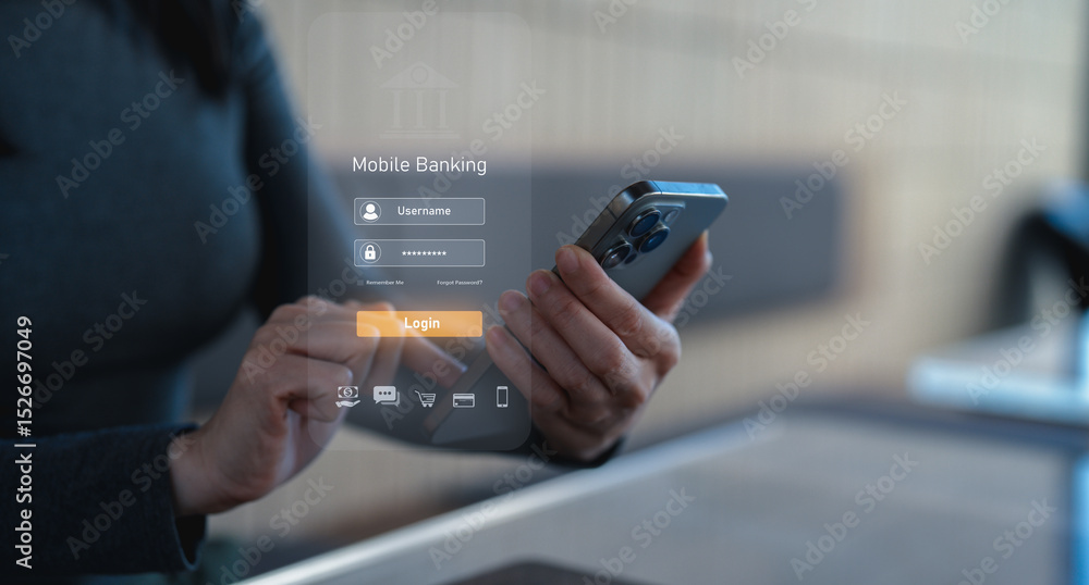 Poster a person accesses mobile banking on a smartphone, entering login credentials on a transparent digita