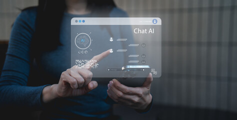 A person interacts with a futuristic transparent AI chat interface projected from a smartphone in a dark setting.