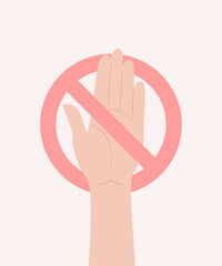 Human hand with open palm holding red stop sign. Flat vector illustration