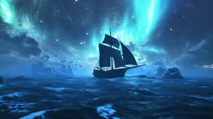 Majestic sailing ship navigating through serene waters under a vibrant aurora borealis night sky - Powered by Adobe