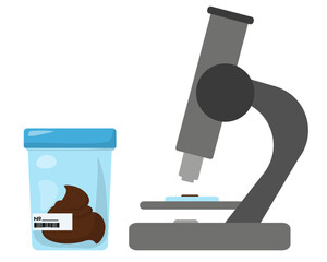 Container for stool analysis with sample and microscope with , medical laboratory equipment