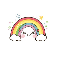 Cute cartoon rainbow with smiling clouds