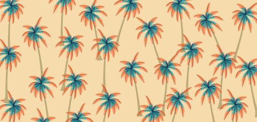Tropical pattern with freehand drawn palm trees. Hawaii summer background for fabric, textiles, clothing, poster, cover, decoration, banner, wallpaper, interior decor. Vector illustration