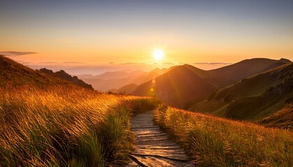 golden sunset over serene mountain pathway with swaying grasses in tranquil landscape