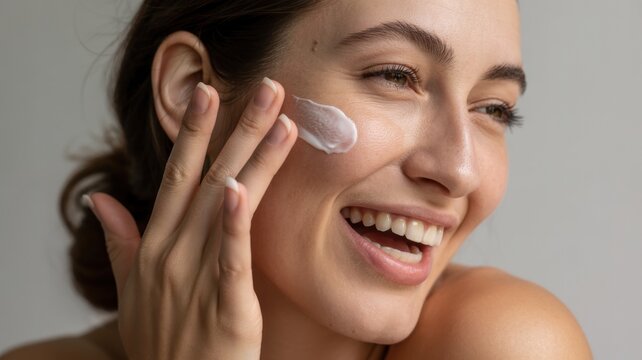 Smiling young caucasian woman applying moisturizer to face