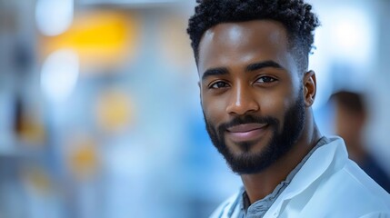 Fototapeta premium A smiling, confident Black man in a white lab coat looks directly at the camera.