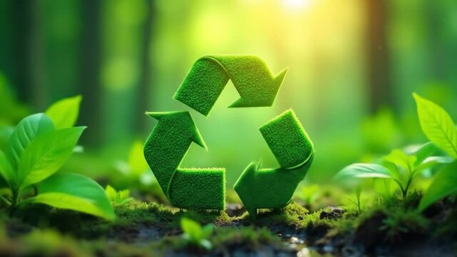 A 3D recycling symbol on a green background (left) and a textured recycling icon in a natural forest environment with sunlight (right). Symbolizing sustainability, environmental responsibility, and ec