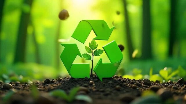 A 3D recycling symbol on a green background (left) and a textured recycling icon in a natural forest environment with sunlight (right). Symbolizing sustainability, environmental responsibility, and ec