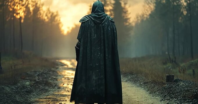 Back view of a cloaked figure walking down a path in a forest at sunset. The scene has a moody, mysterious atmosphere, suggesting a journey or path