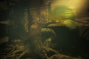Close-up of a green anaconda in a semi-aquatic exhibit, captured in low light to emphasize its...
