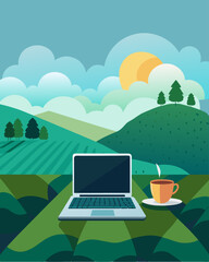 Fototapeta premium From the top of the tea plantation a laptop glints in the sunlight as the owner types away admiring the breathtaking views.. Vector illustration