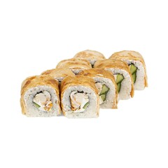 Crispy sushi rolls with rice, avocado, and chicken, neatly arranged on a white surface