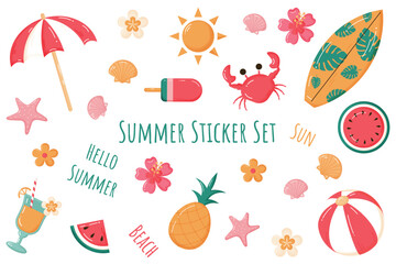 Summer sticker set isolated on transparent background.  Collection of stickers with watercolor texture. Surfboard, beach umbrella,sun, flowers, shells,fruits,cocktails, ball. Vector illustration. 