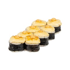 A close-up of eight golden-baked sushi rolls topped with creamy sauce and a touch of spicy mayo