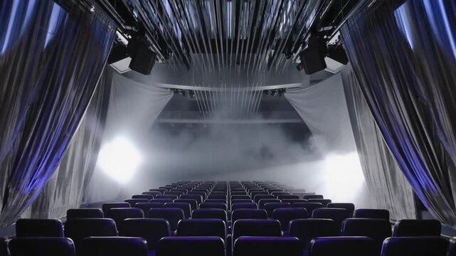 An empty modern theater spotlight repeatedly resets scene curtains open close reverse, seats fold unfold, dust swirl backward forward time. Moody lighting, soft focus transitions, futuristic vibe