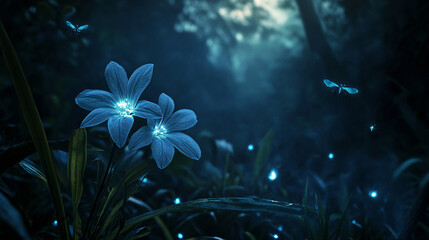 Enchanting Glowing Blue Flowers at Night in a Magical Forest with Fireflies