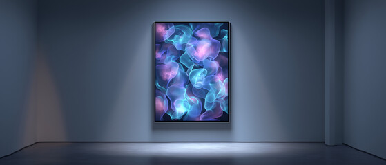 digital art auction display in empty interior; OLED canvas displaying neon jellyfish NFTs,; 2025 digital art trend in museum-grade black frame gallery lighting for luxury auction catalog
