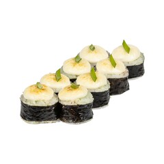 A closeup view of sushi rolls on a pristine white background