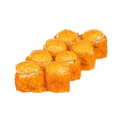 A close up image of a stack of sushi rolls on a white background