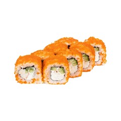 Closeup of beautifully arranged sushi rolls on a white background