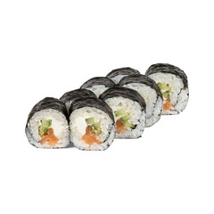 Sushi rolls with salmon and cucumber on a white background