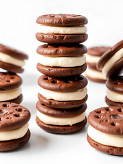 White background with chocolate cookies and cream filling stacked in a tower or pyramidal shape, dessert, cookie sandwich, stack