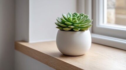 A succulent plant in a white ceramic pot sits on a wooden window sill with a bright window in the background.