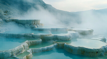 Serene Turquoise Thermal Pools and Travertine Terraces in Misty Mountain Landscape