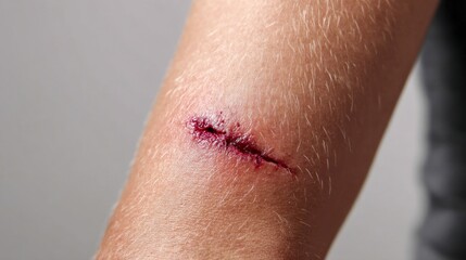 Close-up of a fresh, deep, and bloody wound on human skin, with visible tissue. The injury is raw and indicates a recent trauma.