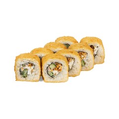 A close up image of a delicious fried sushi roll placed on a white background