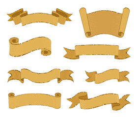 collection of vintage-style hand-drawn banners and ribbons, brown with texture, crumpled, in various shapes and styles